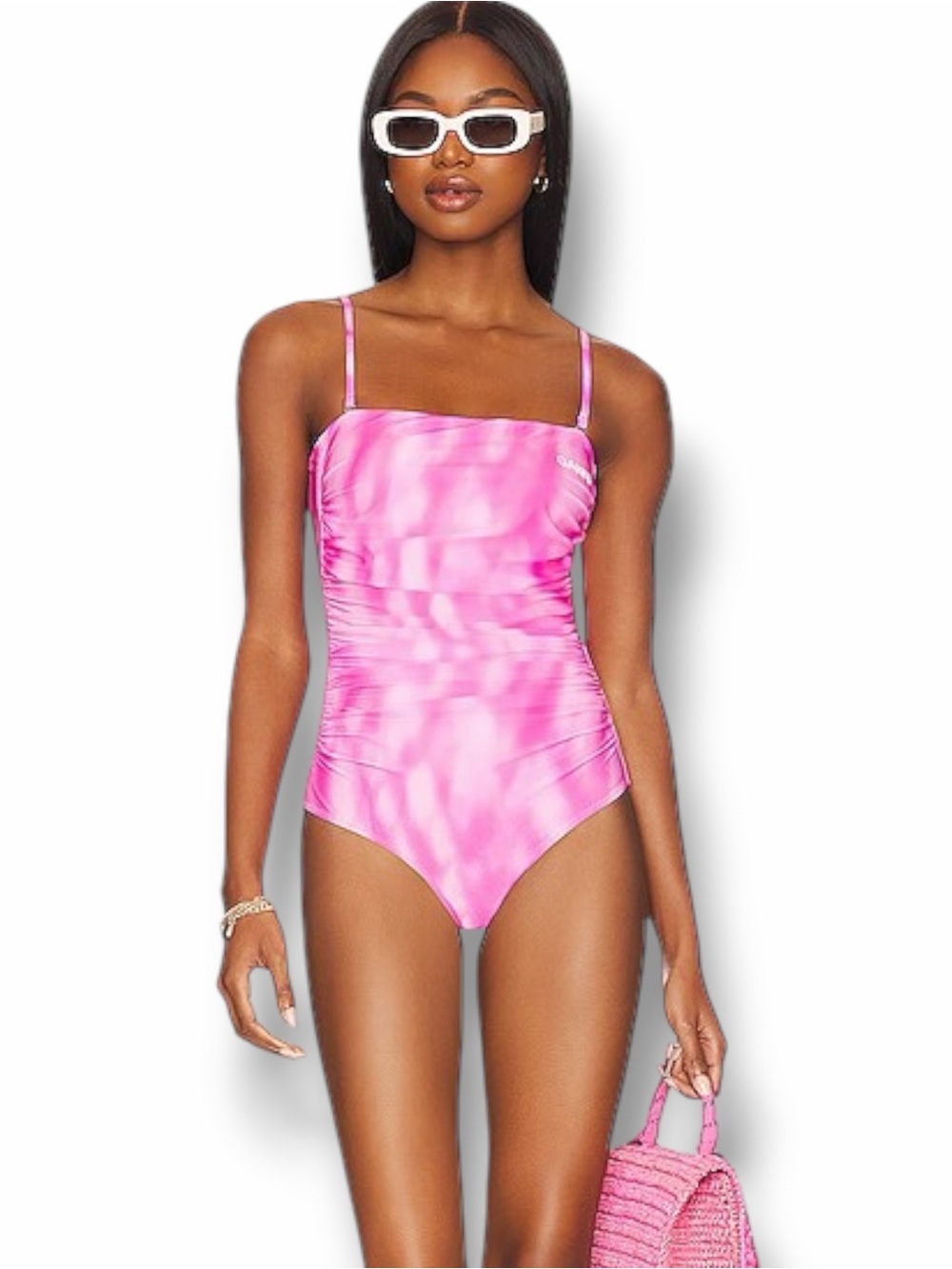 Ganni Ruched One Piece Swimsuit Gathered in Dreamy Daze Phlox Pink